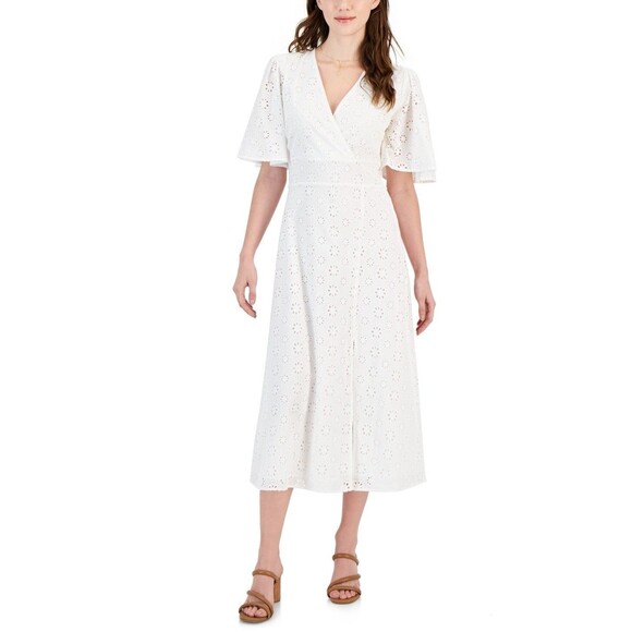 Tinsel Juniors' Cotton Eyelet V-Neck Midi Dress, White, M - Picture 1 of 6